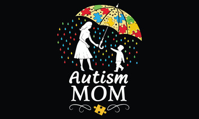 Autism Mom with Puzzle Umbrella | Autism Awareness Mother and Child Art