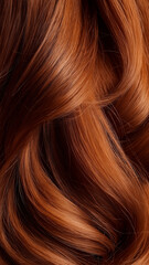 Naklejka premium Close up of smooth, fine wavy hair in vibrant red color, showcasing its silky texture and natural shine. rich hue and gentle waves create sense of elegance and beauty