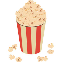 Vector Illustration of a Tall Popcorn Container with Red and White Stripes Overflowing with Light Brown Popcorn Scattered Around on a Transparent Background