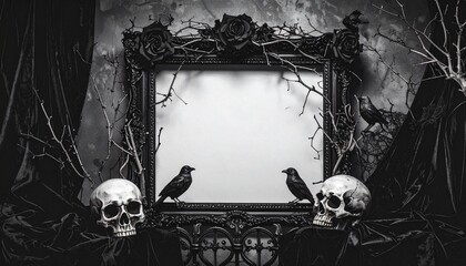 A dramatic high contrast black and white photograph of a Halloween frame ravens roses skulls
