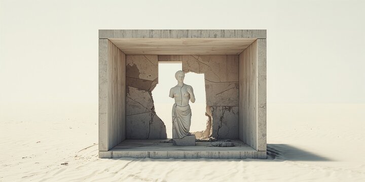 Minimalist desert sculpture: Ancient headless marble statue encased within a modern crumbling concrete cube under stark daylight.