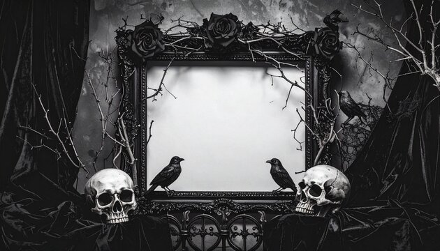A dramatic high contrast black and white photograph of a Halloween frame ravens roses skulls
