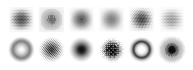 Naklejka na ściany i meble Halftone radial gradient collection. Dotted textured round and square patterns. Cartoon faded background set. Pixelated bitmap element pack for frame, poster, collage, banner. Vector comic bundle