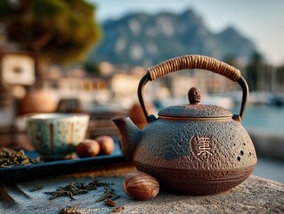 Brown teapot with chestnuts on top before mountain view and distant village, placed on iron tray, close-up details natural light strong contrast for home or food themes