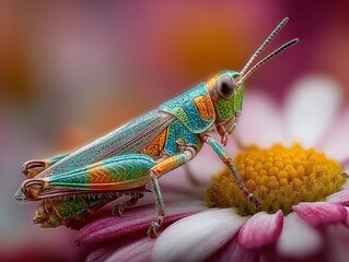 Close-up of green grasshopper on center petal of daisy, macro high-definition art for nature ecology or education themes