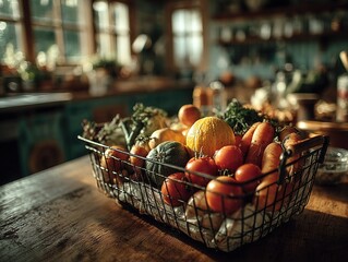 Close-up of open wire shopping basket with fresh vegetables on counter before wooden kitchen cabinets, focus on yellow zucchini, soft lighting for home cooking nostalgia