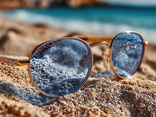Blue sunglasses on sand at empty beach with clear skies and calm waters, circular metal frames reflecting light, sky-blue tinted lenses for summer vacation relaxation