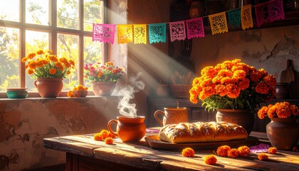 A high resolution photorealistic image of a traditional Mexican kitchen cozy during Día de muertos cempasucil