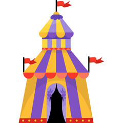 Vibrant Yellow And Purple Striped Circus Tent With Red Flags And Curtains At Entrance With Festive Atmosphere