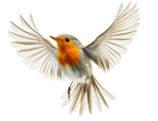 A vibrant european robin isolated on transparent background, displaying its bright orange breast, grey plumage, and outstretched wings in a captivating aerial pose
