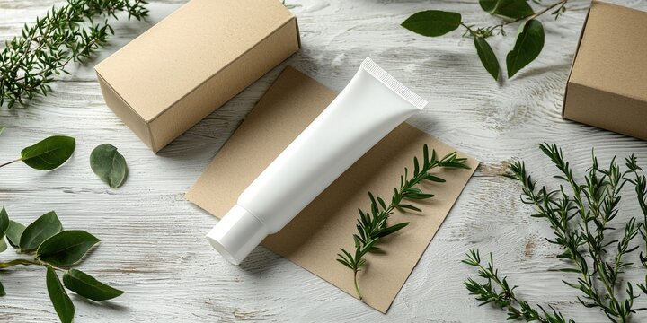 A white tube of toothpaste with green leaves and brown boxes on a white wooden surface with green leaves and brown boxes around it.