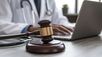 Medical law concept with a doctor working on laptop beside a judge's gavel and stethoscope, symbolizing healthcare regulations, legal responsibility, malpractice, and medical ethics.