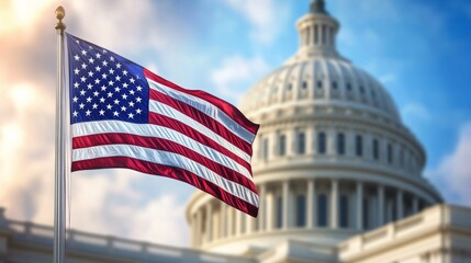 American flag waving in front of the US Capitol building in Washington D.C., symbolizing patriotism, democracy, freedom, and the United States government in a bright, hopeful atmosphere