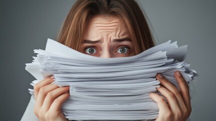 Stressed young woman overwhelmed by paperwork, holding huge stack of documents with anxious expression, symbolizing work overload, office stress, deadline pressure, and burnout at workplace.