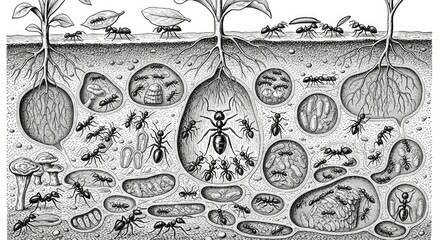 Ant colony illustration ants nest underground chambers tunnels workers queen larvae eggs plants roots