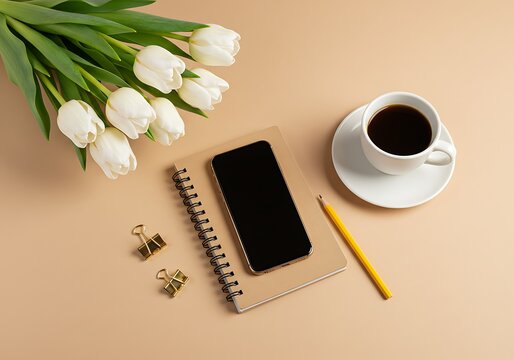 Elegant workspace setup with tulips coffee and a mobile device