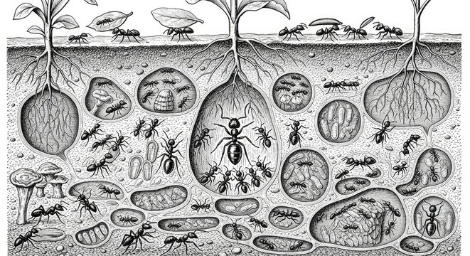 Ant colony illustration ants nest underground chambers tunnels workers queen larvae eggs plants roots