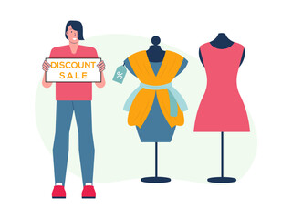 A man is promoting his clothes. Sunday deals illustration. Flat vector illustration.