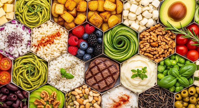 A vibrant mosaic of diverse food ingredients arranged in hexagonal compartments, showcasing a healthy and varied diet.