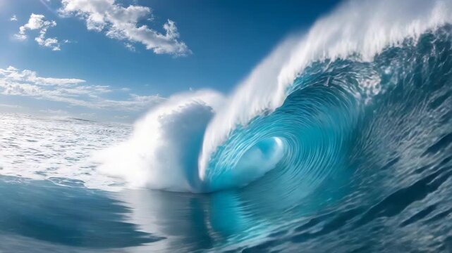Majestic ocean wave crashing under clear blue sky