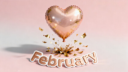 "February Heart Balloon Celebration" February E-commerce Banner With Exploding Heart Balloon And Gold Foil Decoration