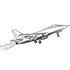 Vector art of a black and white line drawing of a fighter jet airplane in flight, with smoke trailing from its engine