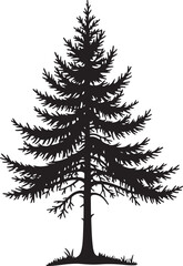 Black silhouette of a pine tree with grass black and white
