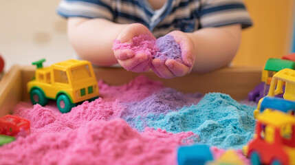 kid holding colorful sand. Fun sensory activity promoting coordination, touch exploration, and creativity.