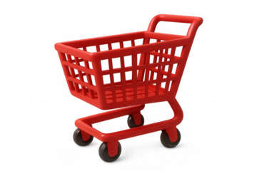 Red shopping cart for retail purchasing, consumerism, and online e-commerce transactions, transparent background
