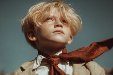 A child in a school uniform gazes at the blue sky holding a torn tie, symbolizing hope, freedom, and the awakening of innocence.