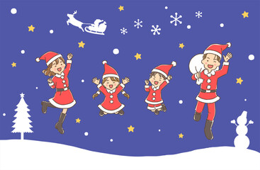 Christmas・元気にジャンプしているサンタクロース姿の家族