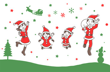 Christmas・元気にジャンプしているサンタクロース姿の家族・クリスマスカラー