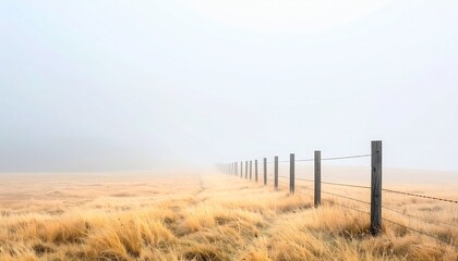 Obraz premium Rustic Fence Leading into Foggy Horizon Tranquil Countryside Landscape