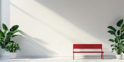 A minimalist white room with a red bench and green plants, featuring a large window with sunlight casting shadows on the wall.