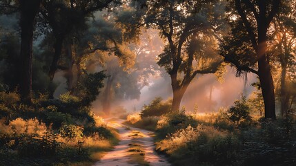 Warm sunset light shining through dense forest trees with golden glow and misty path below, cinematic depth and tranquil mood, clear upper sky space ideal for inspirational text placement.