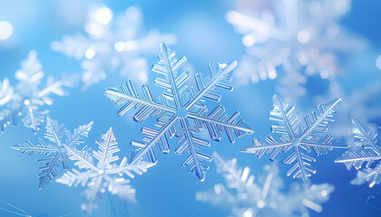 青い背景　透明な雪の結晶　冬・寒い季節の背景　