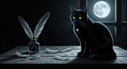 Black cat moon night quill inkwell feathers dark feline pet animal midnight shadow spooky halloween scene