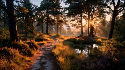 Cinematic sunset forest scene with golden sun rays cutting through trees, misty path leading into depth, warm natural glow and clear sky area perfect for banner or inspirational quote design.