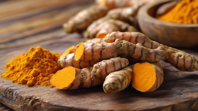 Fresh turmeric root and powder on wooden surface