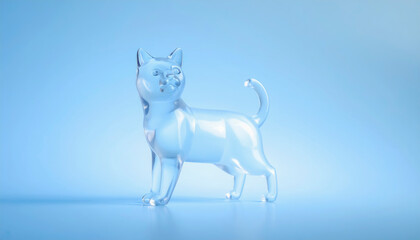 クリスタル・ガラス・プラスチックのような透明な素材でできた猫　青い背景