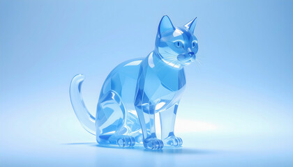 クリスタル・ガラス・プラスチックのような透明な素材でできた猫　青い背景