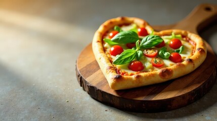 Heart-shaped pizza with fresh basil and cherry tomatoes, artistically arranged on a rustic wooden board, bathed in warm sunlight.