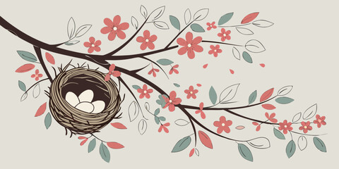 handcrafted decorative bird nest hanging in a floral spring themed arrangement on  grey backdrop.