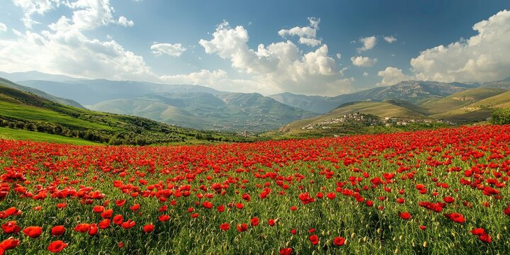 A vibrant field of red poppies with green hills and mountains in the background under a partly cloudy sky. - Powered by Adobe