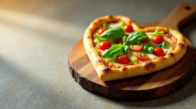 Heart-shaped pizza with fresh basil and cherry tomatoes, artistically arranged on a rustic wooden board, bathed in warm sunlight. - Powered by Adobe