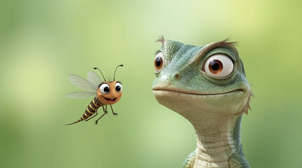 A colorful digital illustration of a happy bee and a calm lizard interacting in a bright outdoor setting.