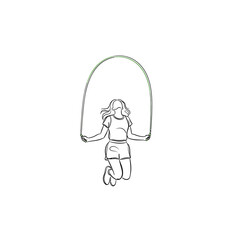 Vector art of a simple line art illustration of a girl jumping rope, depicted in motion with her hair flowing, isolated on a, symbolizing fitness and childhood activity