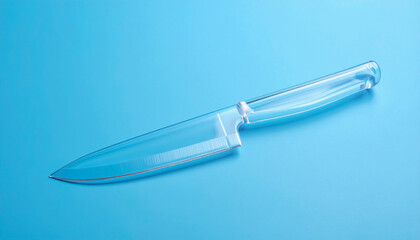 透明なプラスチック　おもちゃのナイフ　青い背景