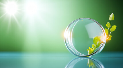 A glass petri dish with a small green sprout, symbolizing growth and scientific exploration in a bright, illuminated environment.