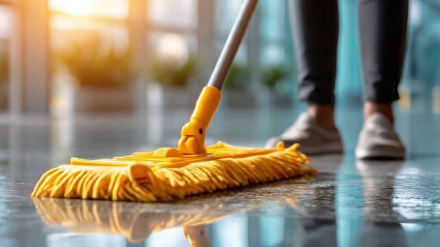 A bright yellow mop cleans a wet floor. Sunlight illuminates blurred plants and legs in dark pants